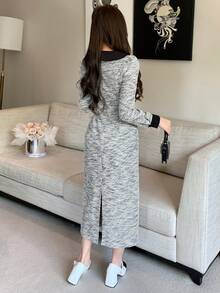 DAZY Váy dài vừa phải cổ bẻ phối màu thanh lịch dành cho nữ, mùa thu - Xám - Xem 2