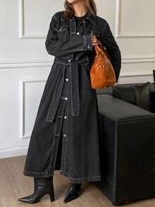 DAZY Women's Casual Washed Pocket Belt Denim Dress, Autumn - Dark Grey - View 5