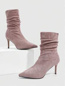 CUCCOO SZL 女士尖头褶皱时尚日常穿搭中筒高跟靴 - 藕粉色 - 查看 2