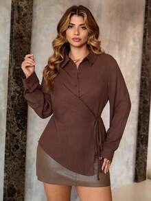 Roveilla 大码女式法式优雅奢华时尚圣诞派对休闲简约高端设计度假工作装复古风格纯色衬衫领半开襟侧系带长袖衬衫，春/秋/冬 - 棕色 - 查看 3