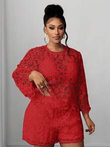 Maweii Elegant Red Lace Floral Plus-Size Blouse,Perfect For Summer,Party,Spring,Autumn,New Year,Christmas Holiday Wear&Valentine's Day Events - Red - View 1