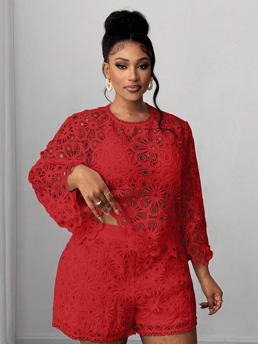 Maweii Elegant Red Lace Floral Plus-Size Blouse,Perfect For Summer,Party,Spring,Autumn,New Year,Christmas Holiday Wear&Valentine's Day Events - Red - View 1