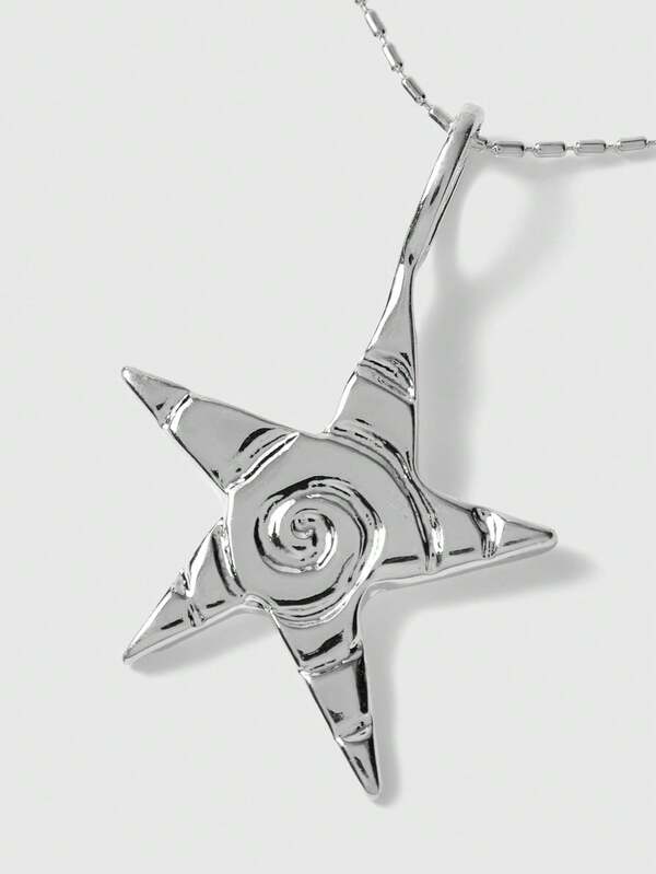 ROMWE Grunge Punk 1pc Fashionable Retro Technology Feeling Starfish Pentagram Pendant Silver-Colored Necklace Sweater Chain