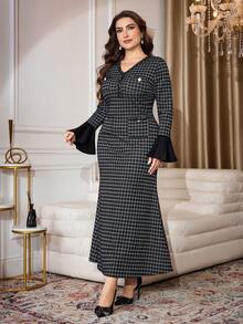 Modelyn 大码女士优雅格子V领拼接喇叭袖连衣裙 - 彩色 - 查看 3