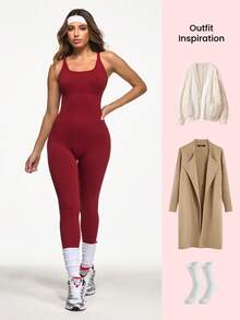 Eassivo Eassivo Burgundy Seamless Long Jumpsuit For Women Sleeveless Square Neck High Waist Lightweight Breathable Backless Design - Burgundy - View 3