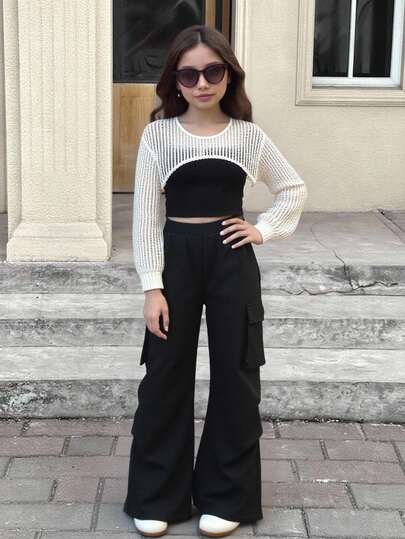 SHEIN 青少年女孩 3 件套，黑色杏色，休闲百搭，街头风格，亲子搭配，返校日，纯色镂空上衣，吊带背心和休闲裤套装