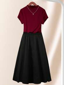 Franclia Women's Red Round Neck Short Sleeve Top And Black Skirt 2 Pieces Set - Multicolor - View 1