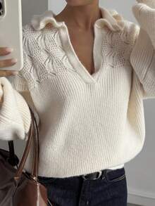DAZY Women's Elegant Solid Color Turndown Collar Partially Cardigan Sweater, Autumn - Beige - View 8