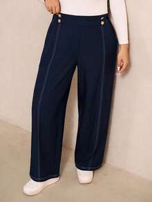 Elaquor Plus Size Casual Versatile Loose Pants Navy Blue Old Money Office