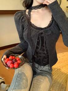 DAZY 女士蕾丝拼接系带长袖T恤，秋冬款 - 灰色 - 查看 2