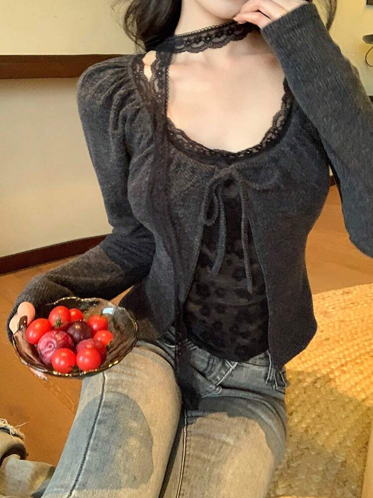 Women's Lace Patchwork Tie-Up Long Sleeve T-Shirt, Autumn/Winter