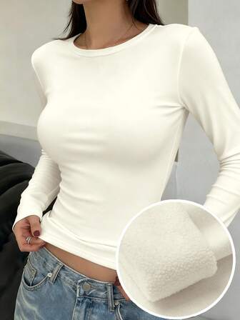 DAZY Women's Solid Color Minimalist Crew Neck Long Sleeve Warm T-Shirt