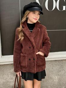 Tween Girl Fashionable Versatile Solid Color Double-Breasted Jacket, Autumn/Winter - Multicolor - View 4