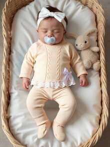 SHEIN 2pcs Baby Girls Sweater Set,Beige,Autumn,Cute,Matching Family Knitted Long Sleeve Pullover Cable Design Lace Trim Bow Decor Knit Pants Infant Outfit - Khaki - View 3