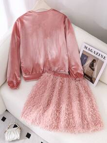 Elladie kids 2 Stücke/Set Mädchen Plüschstoff Rundhals Langarm Loose Fit Fellschleife Vorne Pullover Sweatshirt & A-Linie Lang Plüsch Rock Elegantes Warmes Outfit, geeignet für Herbst/Winter Lässig oder Formelle Kleidung