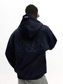 SUMWON 压纹 Logo 套头连帽衫，带中央口袋，适合休闲街头风和冬季叠穿，纯色 - 藏蓝色 - 查看 2