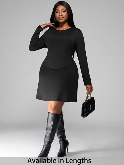 SHEIN PETITE CURVE Abito mini aderente a maniche lunghe con collo alto e balze sul fondo, colore nero, adatto per stratificazioni, appuntamenti o spostamenti in autunno e inverno, elegante abito da ufficio, abito da tè, abbigliamento da lavoro autunnale