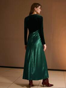 MOTF PREMIUM ROBE PATCHWORK EN VELOURS ET SATIN À OURLET FENDU - Vert sapin - Voir 3