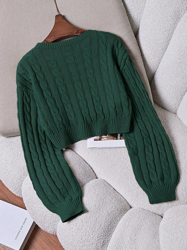 SHEIN Franclia 女士休闲简约扭结针织圆领落肩毛衣，秋冬款 - 墨綠色 - 查看 2