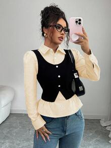 SHEIN Elenzya Áo thun nữ 2 trong 1 kẻ sọc chắp vá cài nút phía trước, mùa thu - Màu vàng - Xem 5