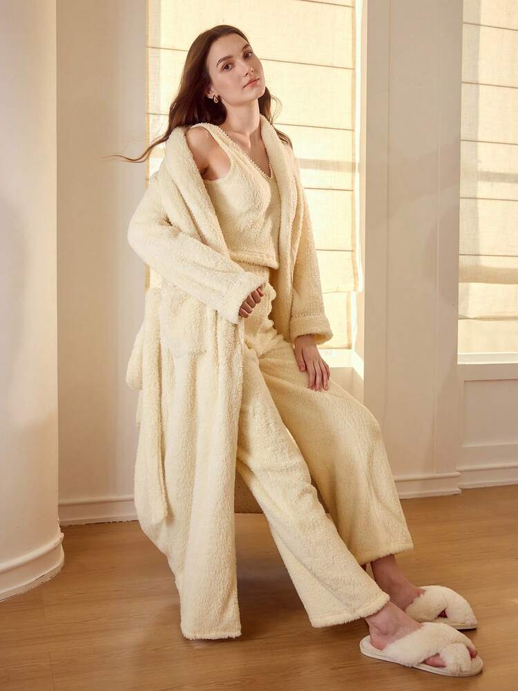 FAUX PEARL TRIM VEST AND PANTS FLUFFY COMFORTABLE PAJAMA SET