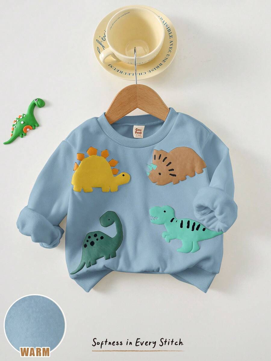 Cozy Pixies Baby Boy Cartoon 3D Dinosaur Pattern Knitted Soft Crew Neck Long Sleeve Pullover Sweatshirt