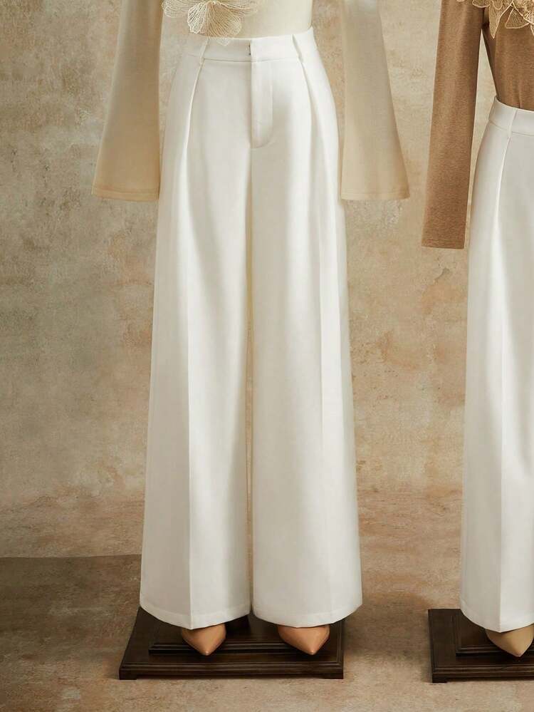Elegant & Stylish Design Pleated White Women's Suit Pants, Pockets, Straight Leg, Suitable For Tall, Fall, Winter, Summer, Spring, New Year, Party, Wedding, Elegant, Chic, Stylish, Business Casual