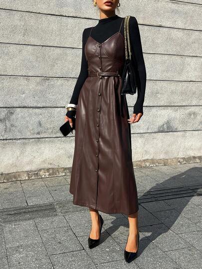 DAZY Vestido de tirantes de piel de PU de unicolor elegante para mujer, de longitud media, para otoño