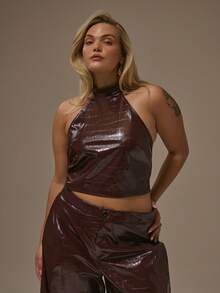 MUSERA Plus High Neck Pu Animal Leather High Racer Neck Top Autum Party Curve - Red - View 1