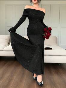 DAZY 优雅亮片露肩鱼尾中长连衣裙，秋季女装 - 黑色 - 查看 5