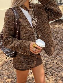 DAZY 女士休闲V领碎花粗花呢常规款外套，秋季女式大衣 - 棕色 - 查看 5