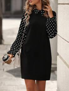 EMERY ROSE Women's Contrast Polka Dot Print Long Sleeve Dress - Black - View 6