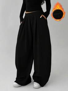 FavEase 女士抓绒弹力腰纯色褶皱休闲运动裤 - 黑色 - 查看 3