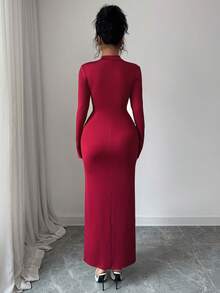 SHEIN Elenzya Autumn/Winter New French Elegant Stand Collar Ruched Fitted Bodycon Cocktail Dress, Sophisticated Design, Suitable For Formal Occasions - Burgundy - View 6