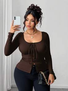 Elenzga Camiseta casual con lazo delantero y botones, talla grande - Marrón - Ver 5