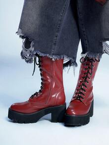 Sugerpunk Women's Fashion Red Thick Sole Motorcycle Mid-Calf Boots