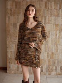 MOTF PREMIUM 太空染色V领喇叭袖蓬松针织上衣 - 棕色 - 查看 7