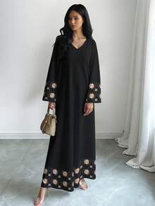 SHEIN Najma 女士刺绣花卉印花V领长袖优雅阿拉伯风格长款连衣裙，春秋季 - 彩色 - 查看 3