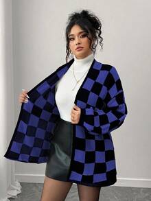 Elenzga 秋冬时尚休闲撞色棋盘格纹宽松开衫，女款，大码可选，适合外出、度假、派对等场合。 - 藍色 - 查看 6