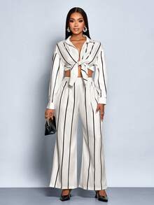 SOLERSUN Conjunto de Duas Peças de Roupas Femininas para o Outono e Inverno, Ideal para Uso Diário e Passeios Diurnos, Composto por Camisa de Mangas Longas com Estampa de Listras em Tons de Laranja Claro e Preto, Corte Solto, Pregas, Botões e Bainha Curva, e Calça de Perna Reta com Cintura Elástica. - Damasco - Visão 4