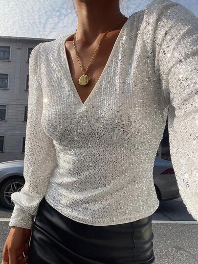 DAZY Shiny Sequin V-Neck Fitted Blouse, Elegant For New Year, Christmas, Wedding, Party, And Formal Events, Autumn/Winter Glitter Top