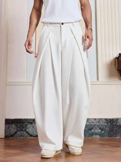 SWAVVY Pantalon long décontracté, ample et à la mode, avec ceinture plissée et passants de ceinture, couleur unie pour hommes