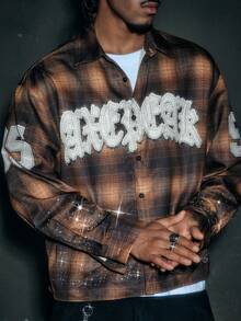 AXEPEAK Men's Casual Shirt Loose Cropped Fit Rhinestone Embellished Top - Multicolor - View 4