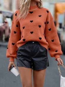 SHEIN LUNE Suéter de hombros caídos con estampado de corazón, informal para otoño/invierno - Rojo - Ver 4