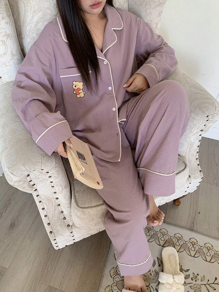 Dazy Plus 大码女式两件套卡通印花宽松睡衣套装,纯色上衣和裤子,春秋季睡衣,冬季服装 - 淺灰紫 - 查看 1