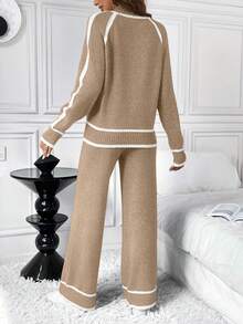 SHEIN LUNE 2件套女士休闲宽松撞色毛衣套装 - 卡其色 - 查看 2