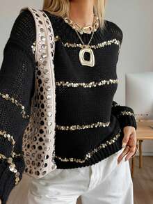 Siren Gaze 女士宽松圆领长袖亮片装饰休闲毛衣，秋冬季款 - 黑色 - 查看 2