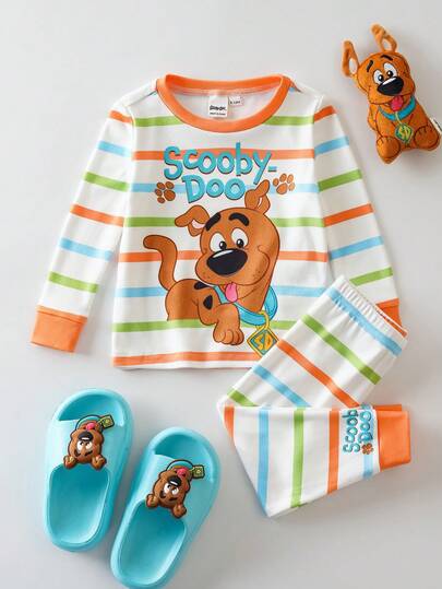 SCOOBY-DOO X SHEIN 2pcs Baby Boy Cute Cartoon Puppy, Letter, Colorful Stripe Print Round Neck Long Sleeve Top And Pants Casual Elastic Snug Fit Pajama Set