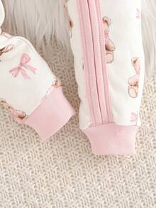 Cozy Pixies Baby Girl Snug Fit Pajama Set, Cartoon Bear & Bow Pattern Knit Soft Round Neck Long Sleeve Jumpsuit With Leggings, Versatile & Comfortable