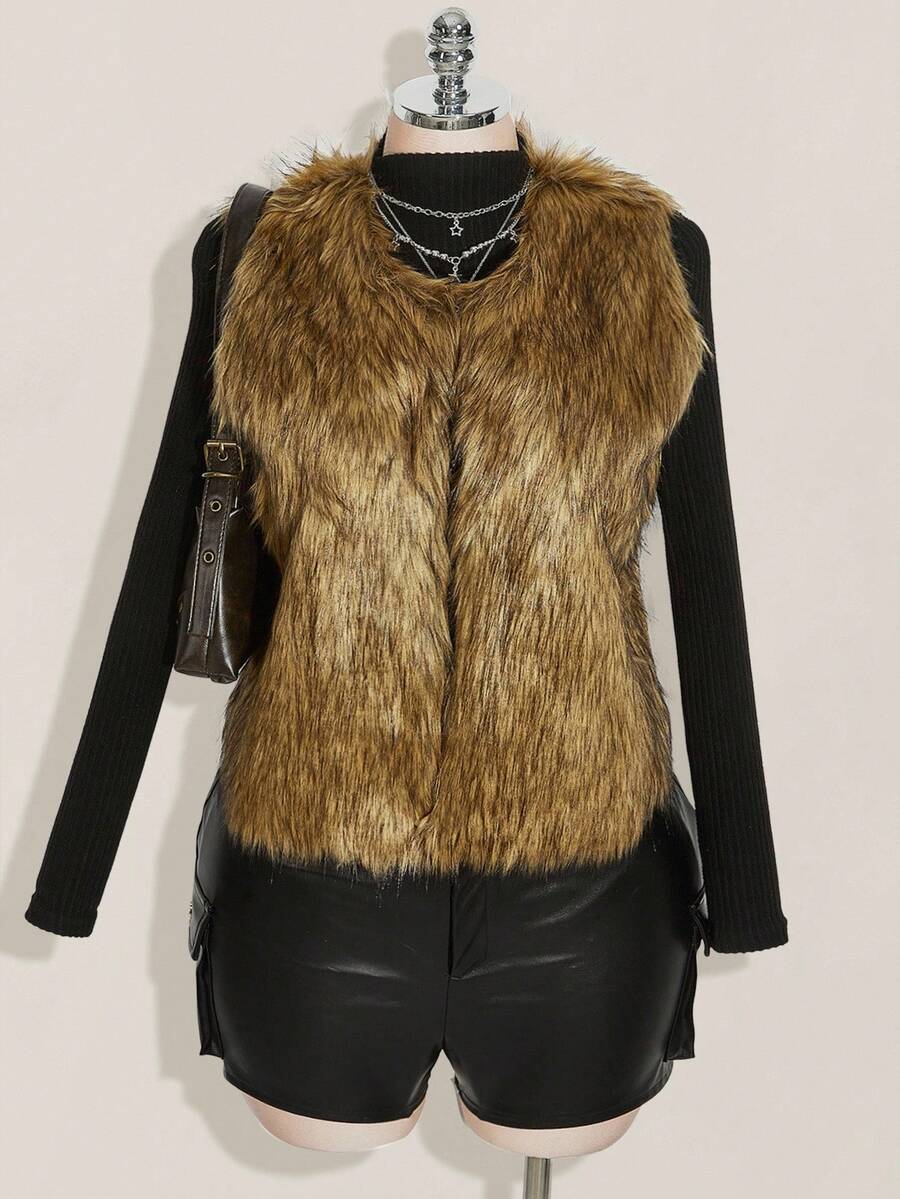 SHEIN ICON Plus Size Vintage Brown Faux Fur Sleeveless Jacket, Autumn/Winter Fur Vest Coat Women Western Vest Fur Coat Women - Camel - View 1